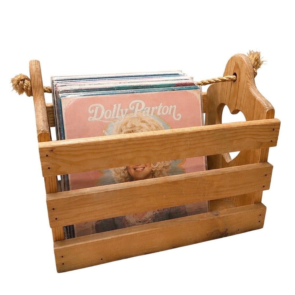 Vtg Wood Record Vinyl magazine rack heart holder basket slats‎ cottage grandma